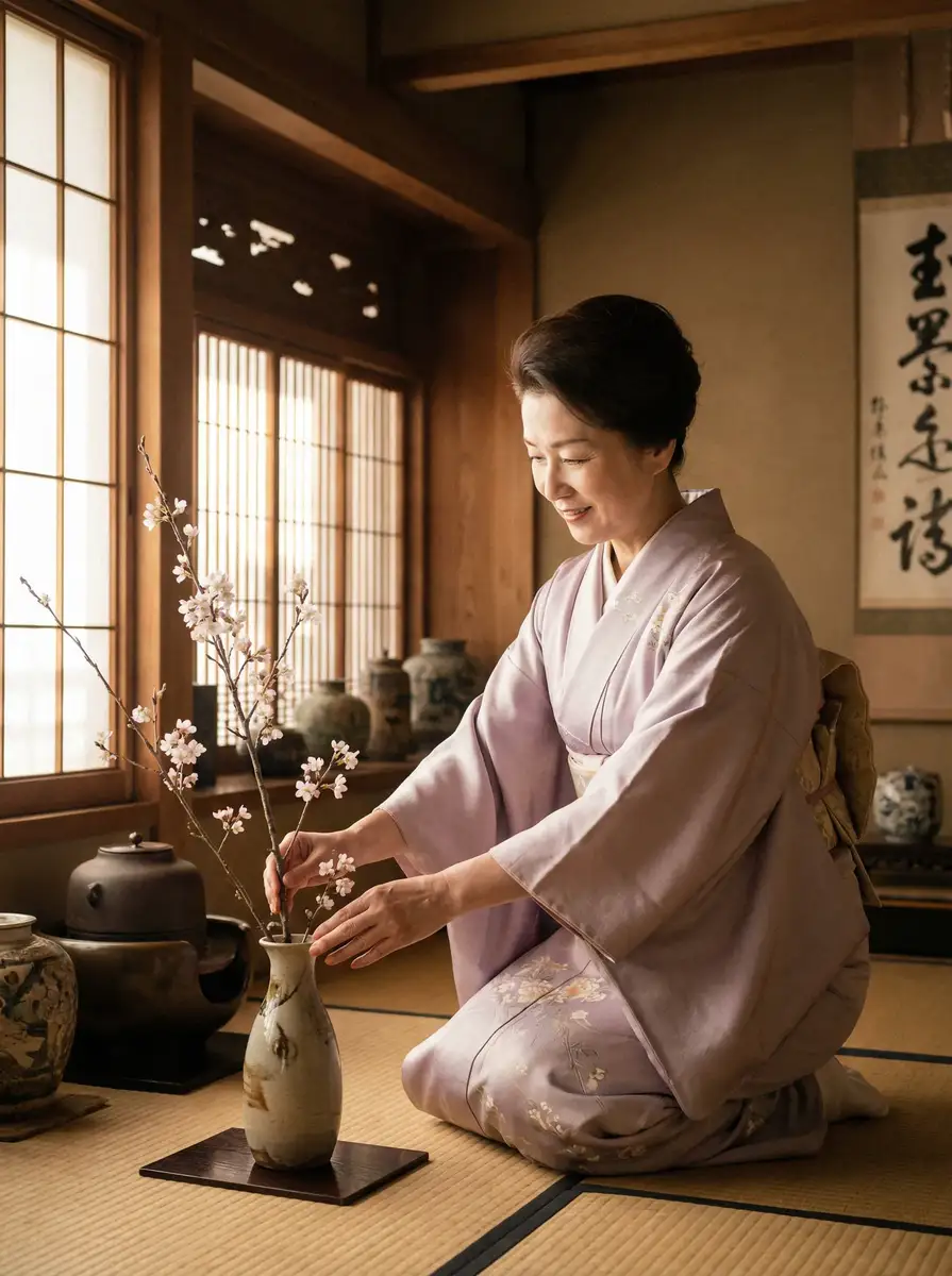 一位优雅的 美女捆绑视频 在和室中插花